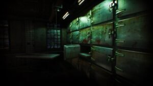 Asylum screenshot: a green-lit mortuary with rows of metal drawers
