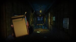 Asylum screenshot: a dark corridor with a notepad held in the player's hand