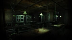Asylum screenshot: a dark room lit by green lamps