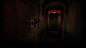 Asylum screenshot: a red-lit corridor leading to an archway