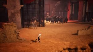 Ayasa: Shadows of Silence screenshot: a small figure walking through a ruined, orange-lit courtyard in front of a gate
