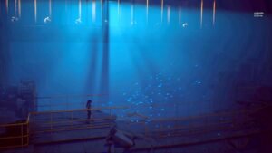Ayasa: Shadows of Silence screenshot: a blue-lit underwater-looking chamber with beams of light