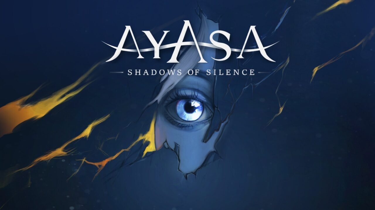 Ayasa: Shadows of Silence key art showing a girl's blue eye peering through a crack in a dark wall, with streaks of golden light