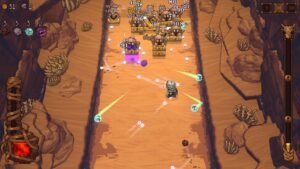 A hero in an icy cavern lane aiming balls at rows of frozen enemies and blocks