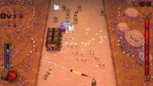 A hero facing a huge coiled serpent boss in a desert canyon