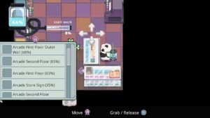 Bao Bao's Cozy Cleaning Services screenshot: a cleaning task list for the arcade building