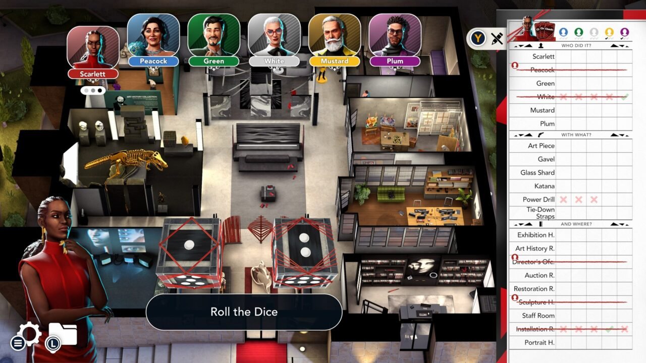 Cluedo screenshot: top-down view of the Painted Red Gallery board with six suspect portraits along the top and a part-filled clue sheet on the right