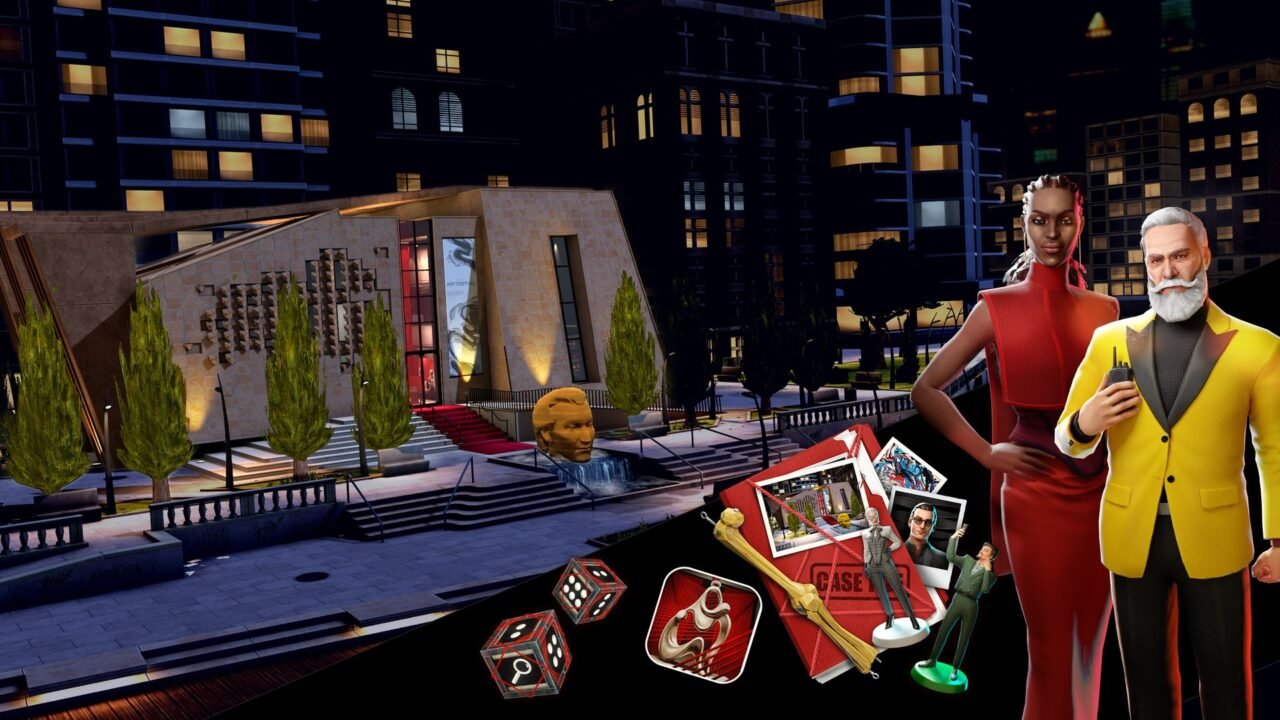 Cluedo: Painted Red Gallery key art: Scarlett in a red dress and Mustard in a yellow jacket stand beside the gallery at night, with dice, a case file and suspect tokens
