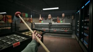 Corner Shop: NightShift screenshot: a first-person view across a shop counter with customers waiting