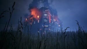Corner Shop: NightShift screenshot: a burning building at night beyond a field of tall grass