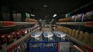 Corner Shop: NightShift screenshot: a convenience store aisle stocked with shelves of goods
