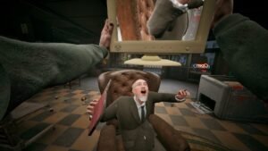 Corner Shop: NightShift screenshot: a first-person view of a man in a suit seated in a chair, mouth open