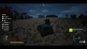 Cozy Radiation Cleaner screenshot: an SUV parked in a dusk wasteland with driving controls on screen