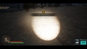 Cozy Radiation Cleaner screenshot: a bright torch beam on the ground with a radiation marker on screen