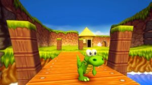 Croc 2 Kingdom of the Gobbos screenshot: Croc walking along a wooden bridge towards a thatched hut
