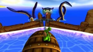 Croc 2 Kingdom of the Gobbos screenshot: Croc in a barrel boat facing a giant squid Guardian