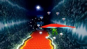 Croc 2 Kingdom of the Gobbos screenshot: Croc hang gliding over a lava river collecting crystals