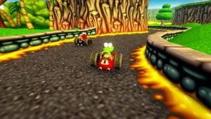 Croc 2 Kingdom of the Gobbos screenshot: Croc racing a red car on a track beside lava