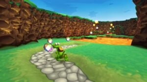 Croc Legend of the Gobbos screenshot: Croc following a cobbled path through a grassy valley
