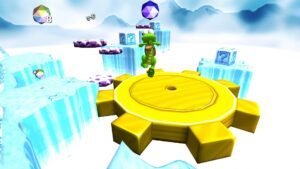 Croc Legend of the Gobbos screenshot: Croc on an icy level with a large yellow cogwheel platform