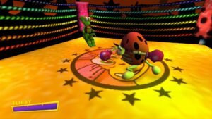Croc Legend of the Gobbos screenshot: Croc in a brightly lit arena facing a large creature