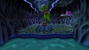 Croc Legend of the Gobbos screenshot: Croc leaping across platforms in a dark cave lit by lightning