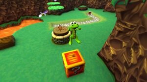 Croc Legend of the Gobbos screenshot: Croc beside a stone well and a crate on a grassy path