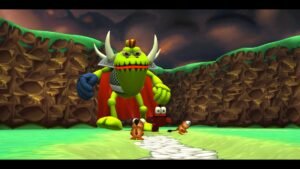 Croc Legend of the Gobbos screenshot: Croc facing a horned green boss on a cobbled path