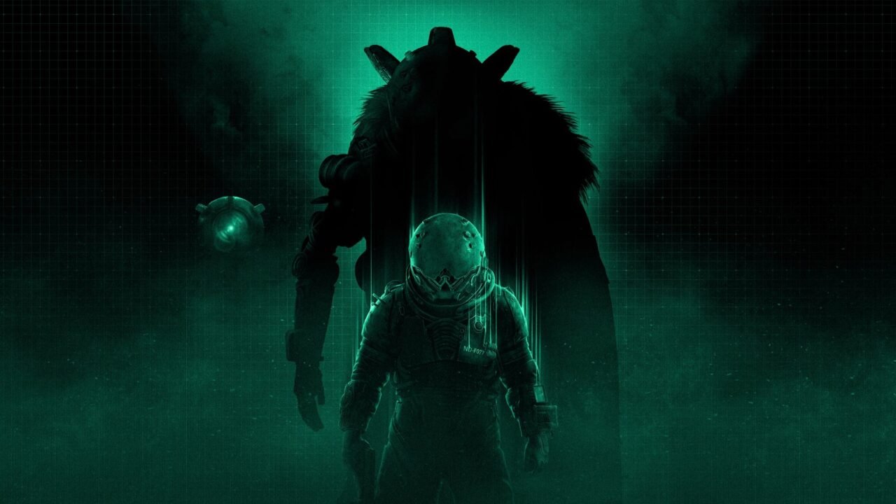 Cronos: Lazarus key art: a figure in a helmeted suit glows green in front of a hulking, shadowy creature