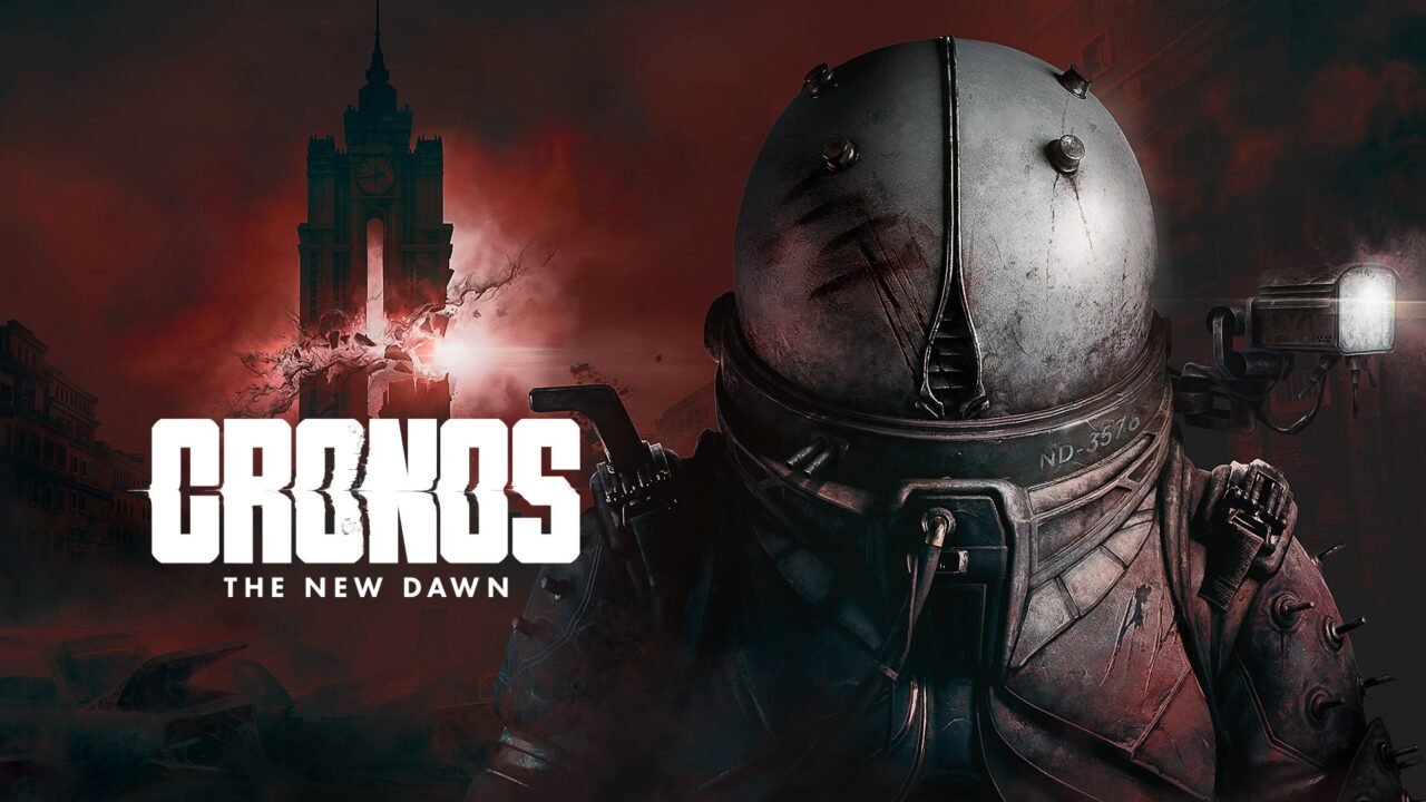 Cronos: The New Dawn key art showing the Traveler's scratched diving-style helmet in front of a ruined red-lit tower, with the game's logo on the left