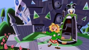 Day of the Tentacle Remastered screenshot: A cartoon character in a lab surrounded by green tentacle machinery