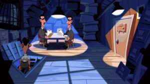 Day of the Tentacle Remastered screenshot: A dark room with a character seated at a desk