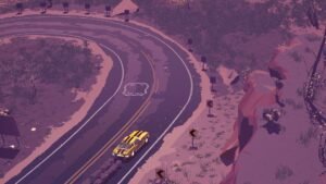 Dead Static Drive screenshot: A highway curving through the desert, seen from above in neon pink light