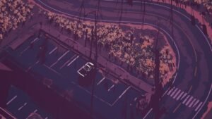 Dead Static Drive screenshot: A small town street seen from above