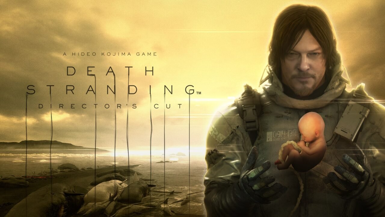 Death Stranding Director's Cut key art: Sam Bridges holding a BB pod beside the title