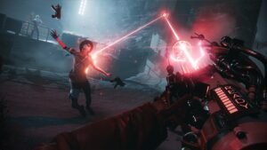 Deathloop screenshot: Julianna firing a red laser in a dark, misty courtyard