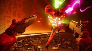 Deathloop screenshot: A first-person view of Colt dual-wielding guns against a glowing enemy
