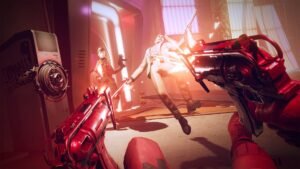 Deathloop screenshot: A first-person view of Colt firing at enemies in a red-lit room