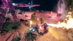 Deep Rock Galactic screenshot: A team of dwarves firing weapons and a flamethrower in a purple-lit cave