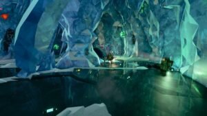Deep Rock Galactic screenshot: A dwarf miner exploring a cave full of glowing blue crystals