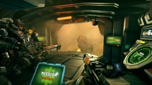 Deep Rock Galactic screenshot: First-person view of a dwarf aiming a weapon down a green-lit mining tunnel