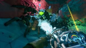 Deep Rock Galactic screenshot: A dwarf firing at a swarm of alien bugs in a dark cave