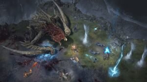 Diablo IV screenshot: A party of heroes fighting a giant winged demon in a misty field