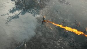 Diablo IV screenshot: A sorcerer blasting a stream of fire at enemies on a frozen hillside