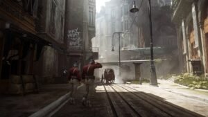 Dishonored 2 screenshot 1: Two figures walking down a sunlit Karnaca street lined with tramlines