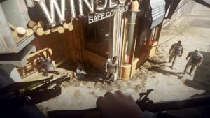 Dishonored 2 screenshot 2: A first-person view looking down on guards outside a Karnaca café