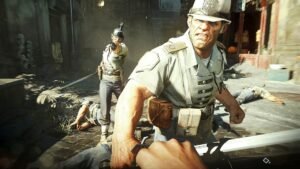 Dishonored 2 screenshot 3: A first-person view of a guard lunging forward in a dusty street