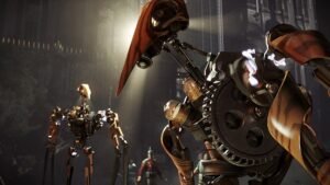 Dishonored 2 screenshot 4: Clockwork Soldiers with blades for arms in a workshop