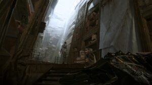 Dishonored: Death of the Outsider screenshot 1: A first-person view down a cramped, sunlit Karnaca alley