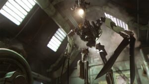 Dishonored: Death of the Outsider screenshot 2: A clockwork machine with long blades in an industrial hall
